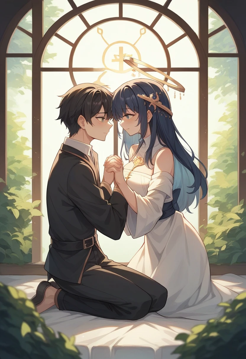A serene and sacred scene of a couple in prayer, kneeling side by side with their hands intertwined, in a tranquil and cozy environment. The soft light of dawn filters through the window, creating a halo of light around them. In the background, a cross or a religious symbol is present, symbolizing the divine presence. The expressions on the couple's faces reflect peace and devotion, symbolizing the unity and faith they share. The overall atmosphere of the image is one of tranquility, love, and spirituality.