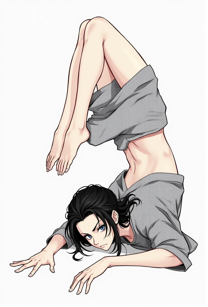 boy, long black hair, stretching, Beautiful skinny body, grey eyes, 