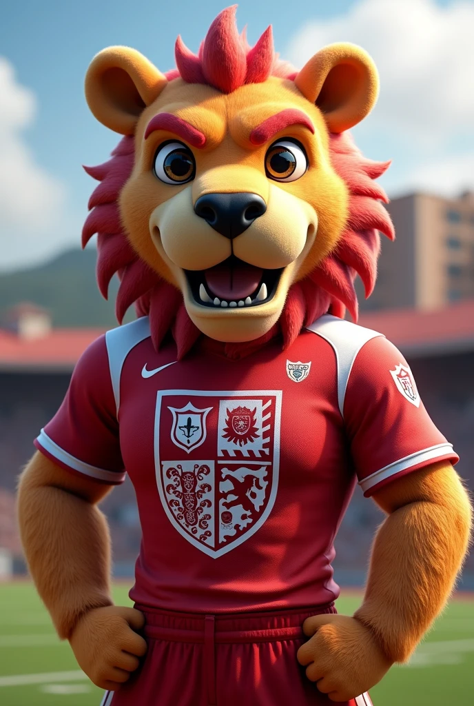 A school mascot with the Mc shield but the shield is red and white and it says Mariscal Cáceres