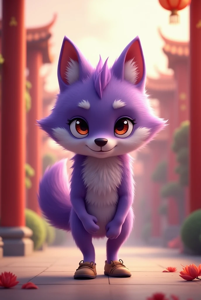 a purple wolf,cute,standing,Wearing shoes,Walk路小心翼翼,The expression is nervous,Move carefully,background chinese style,Walk,