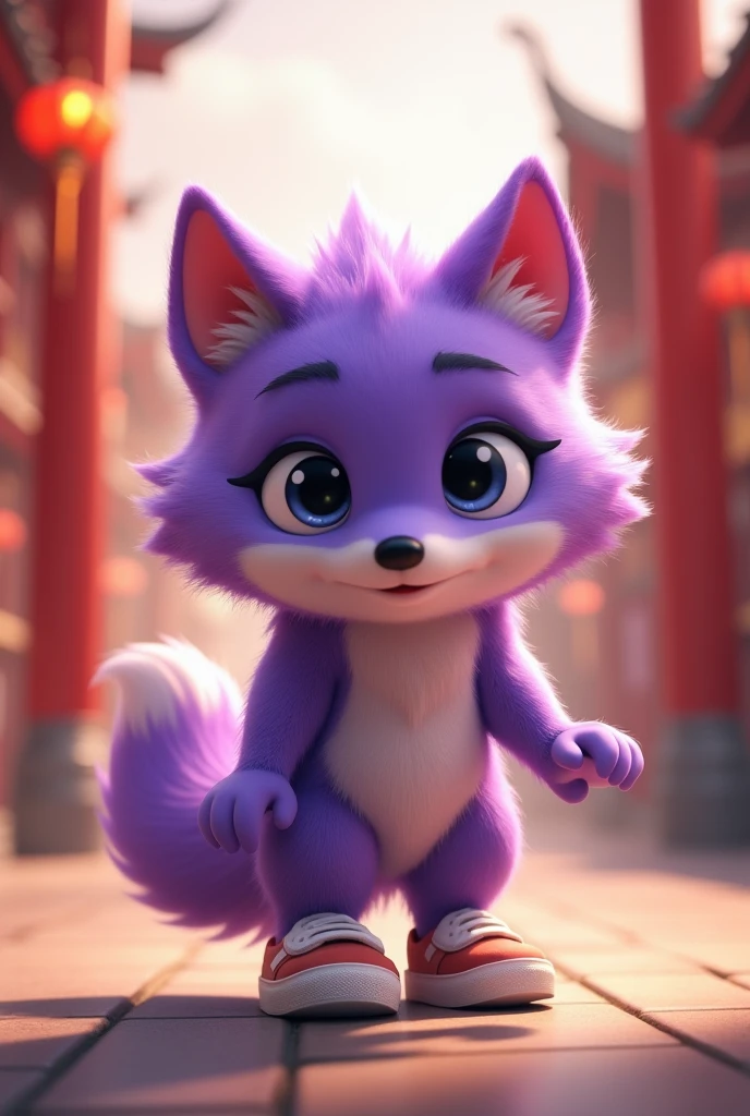 a purple wolf,cute,standing,Wearing shoes,Walk路小心翼翼,The expression is nervous,Move carefully,background chinese style,Walk,