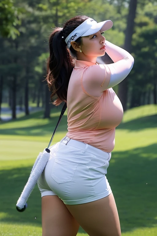 A sexy bbw woman playing a full swing in golf.