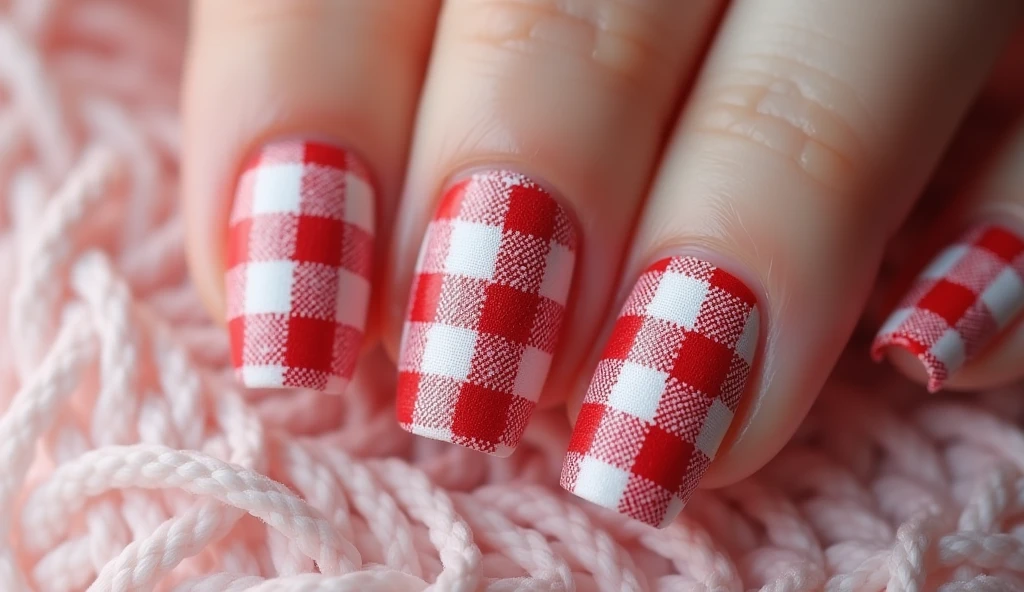 Gingham Pattern Nail Art: This design features a classic gingham pattern in colors like red and white or blue and white, arranged in a checkered pattern. The background mimics the texture of fabric, giving a soft, cozy feel to the nails. This design captures the charm of traditional gingham in a modern, stylish way.
