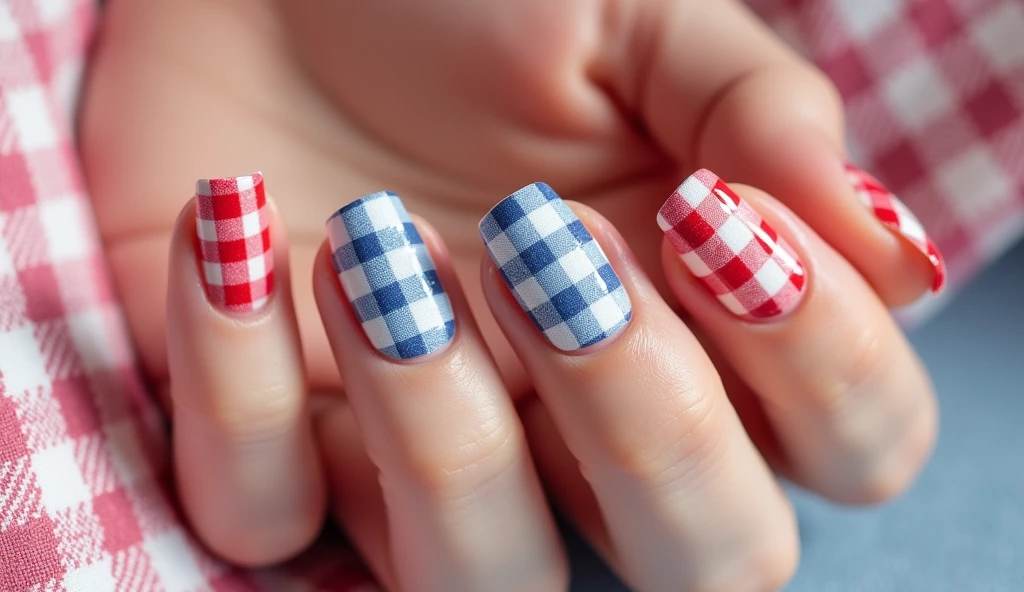 Gingham Pattern Nail Art: This design features a classic gingham pattern in colors like red and white or blue and white, arranged in a checkered pattern. The background mimics the texture of fabric, giving a soft, cozy feel to the nails. This design captures the charm of traditional gingham in a modern, stylish way.