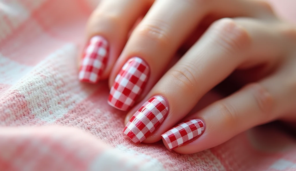 Gingham Pattern Nail Art: This design features a classic gingham pattern in colors like red and white or blue and white, arranged in a checkered pattern. The background mimics the texture of fabric, giving a soft, cozy feel to the nails. This design captures the charm of traditional gingham in a modern, stylish way.