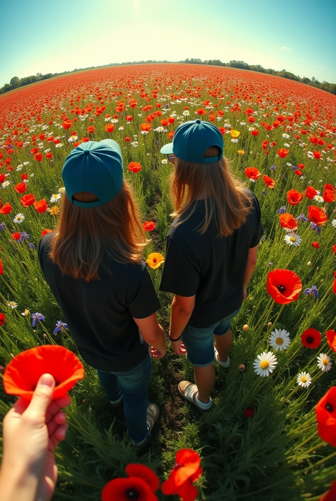 GoPro footage of the top view from below of two young men in black and blue caps with long hair picking poppies, seen from above in an endless field full of wild flowers, red poppies, white daisies, yellow tulips, violet irises, green grass, blue sky, on a summer day, with vibrant colors, in a cinematic, realistic, photorealistic style.