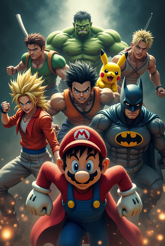 Super Mario, ein Super Sajajin, Raffael from the Ninja Turtles, monkey D.Ruffy, pikachu,  the hulk, Relaxo and Batman in a group photo with a dark background, striking attack poses. 