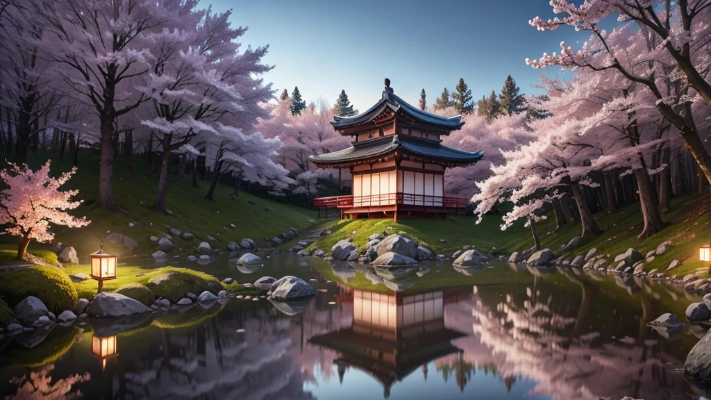 Create a serene Japanese forest scene during springtime, The scene should feature blossoming sakura (cherry) trees with soft pink petals, and slightly overcast skies to create a peaceful and tranquil atmosphere. Add fine details like the reflection of the trees in the water and scattered fallen leaves on the ground. The overall mood should be calm, with a focus on natural beauty and subtle, realistic lighting.