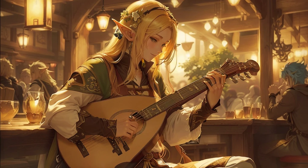 anime style image of a woman playing guitar in a bar, forest elf bard playing lute, a human bard, smirking male bard, male bard, is playing the lute, tiefling bard, world of lute, genshin, Cute male elf, casimir art, a male elf, style both, high quality and colors