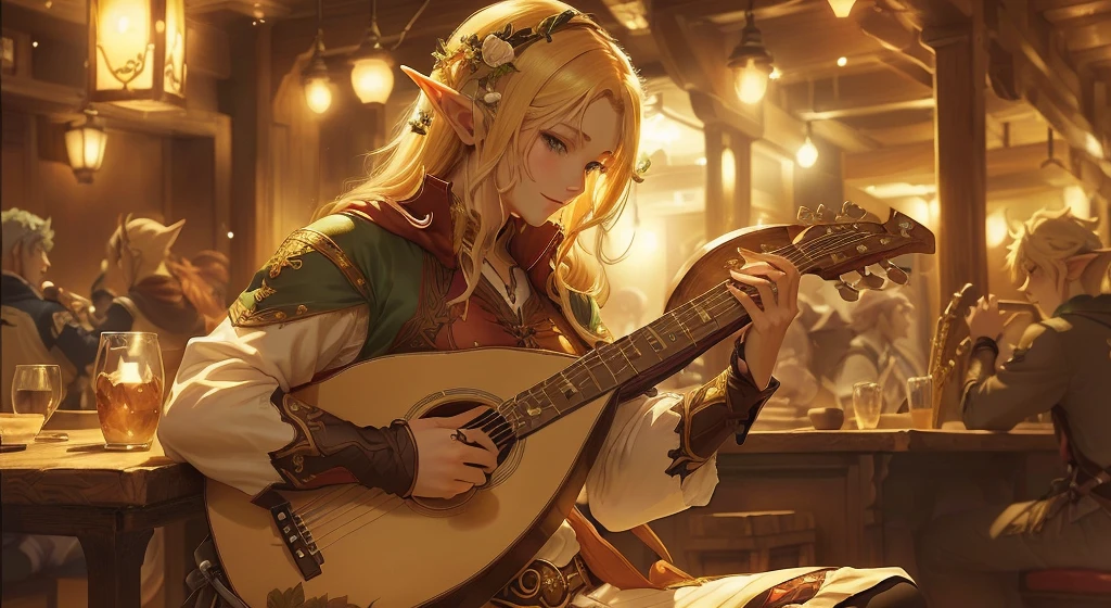 anime style image of a woman playing guitar in a bar, forest elf bard playing lute, a human bard, smirking male bard, male bard, is playing the lute, tiefling bard, world of lute, genshin, Cute male elf, casimir art, a male elf, style both, high quality and colors