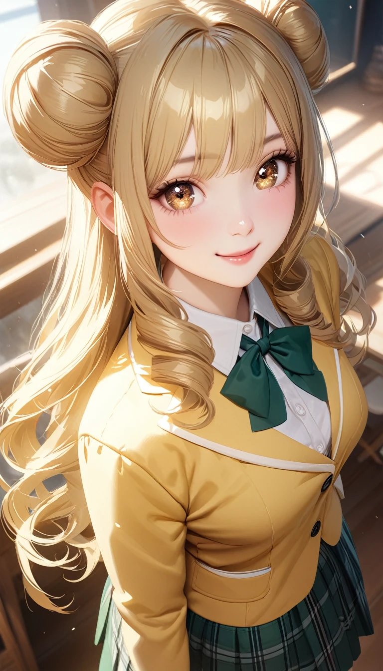 (masterpiece,ultra-detailed,best quality,8K,CG,realistic,illustration:1.2),(perfect-composition,detailed beautiful face,Clean skin,photographical skin,shiny skin,shiny hair, photographical hair,ultra detailed eyes,shaved,kawaii,uncensored:1.1),smile,long hair,twin tail, 1girl, solo, long hair, blonde hair, double bun, drill hair, brown eyes,winter school uniform, green bowtie, white shirt, yellow blazer, buttoned blazer,plaid skirt, green skirt,thigh,from above,cowboy shot,arms behind,standing posture
