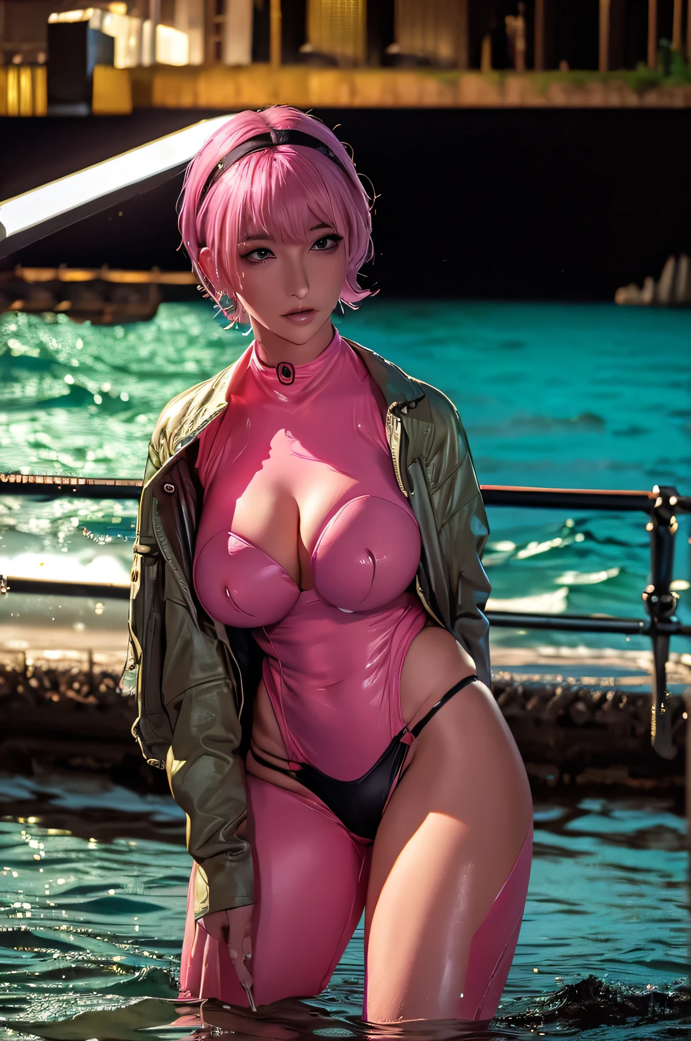 (Highest quality), Realistic, Gal,Sea of night,Night seaside,Full body,(((Big Breasts:1.2))),Sweat in the valley,Wet body,Masterpiece,Accurate human anatomy,Realistic expression,,Highly revealing,(short hair,Sharp bangs)Black panties,Fleshy crotch,(((Highest quality,Highest quality,8k images)))Pink Hair,Sexy pose,Evangelion Cosplay(Plug Suit)