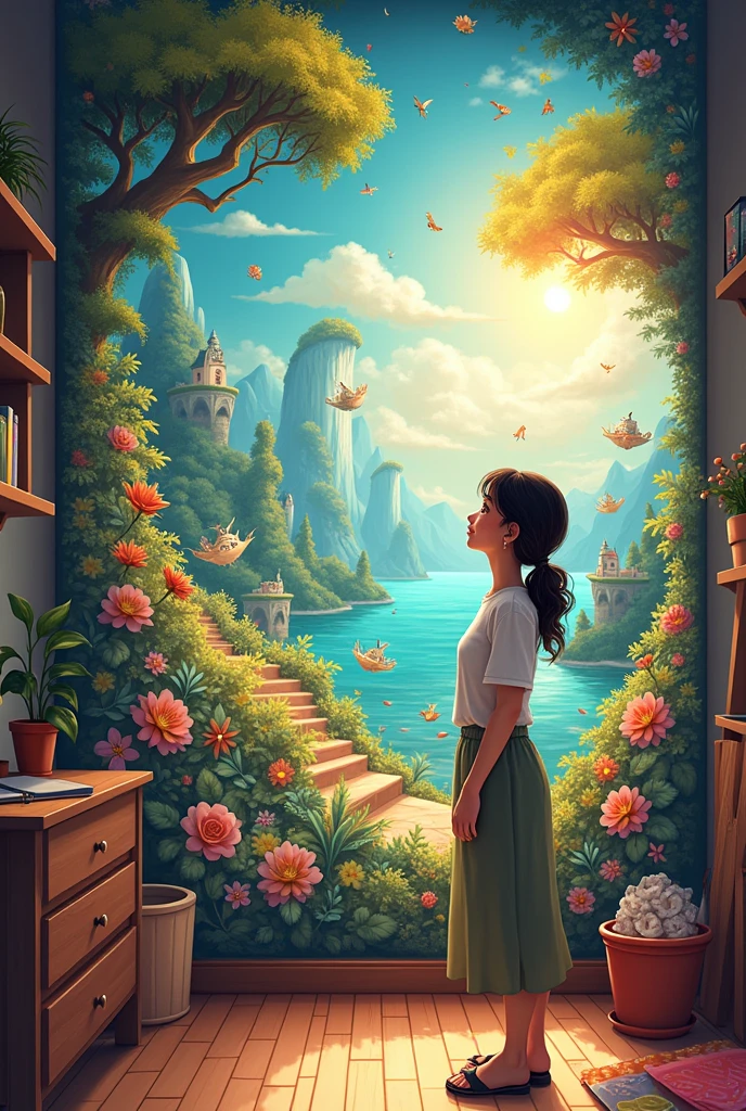 Mousumi looking happily in her wall painting mural