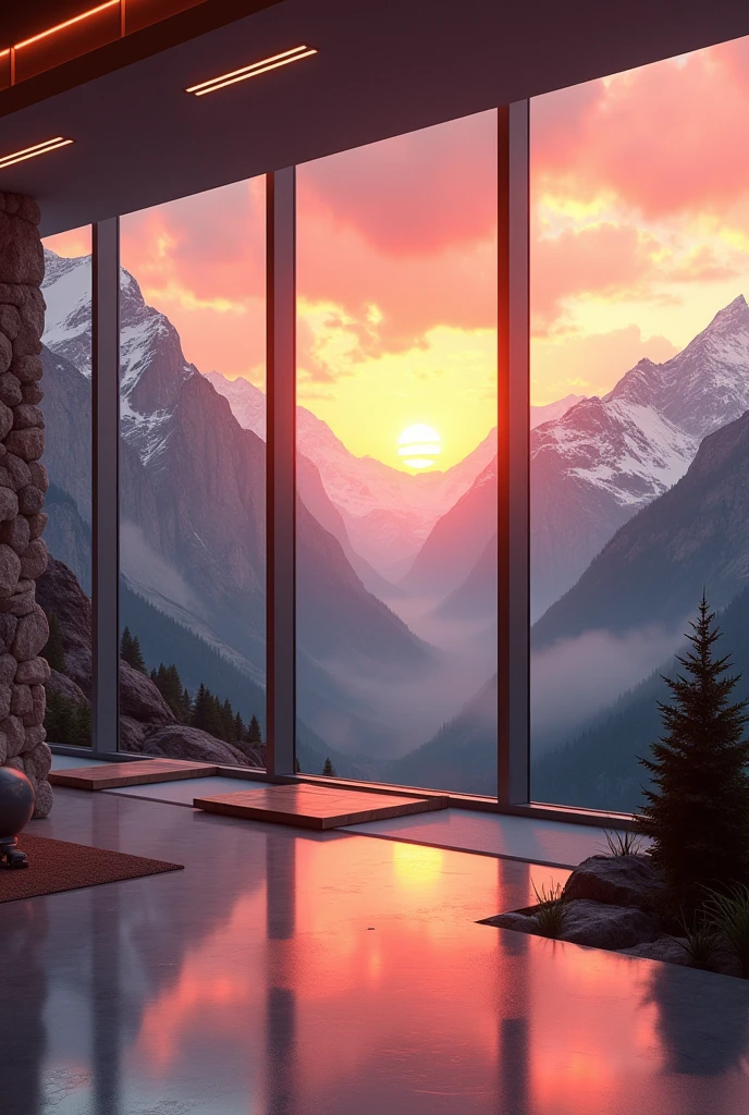 gym, with panoramic views of mountains with sunset, Without people