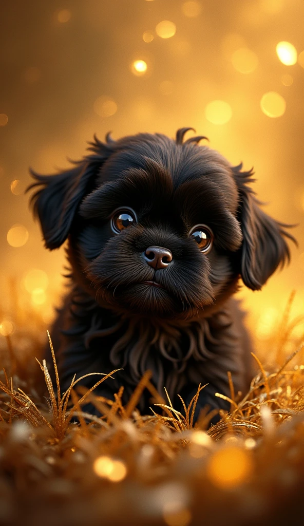 Adorable black shih tzu puppy,Fantastic fantasy,Glowing in gold,Moody Color,Golden glitter background