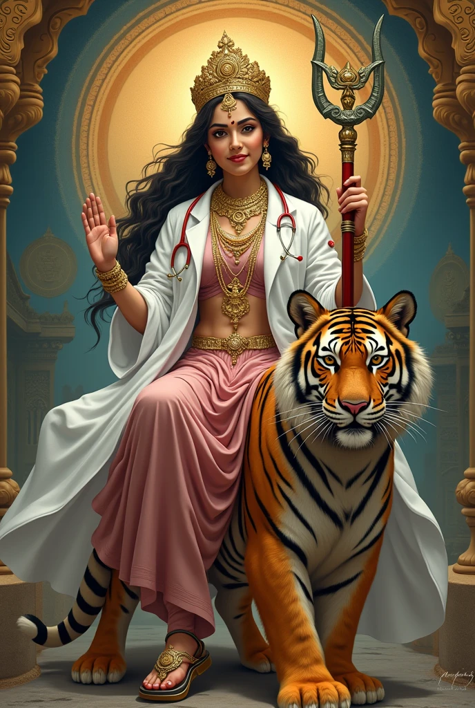  Hindu goddess Durga mata pic as a doctor sittings  on a tiger and ware white coat and in hand haveing a weapon  in traditional  dress
