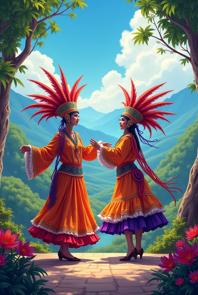 Activity 1.Draw and paint a pair of dancers in Lamas Carnival costume, with a landscape background.