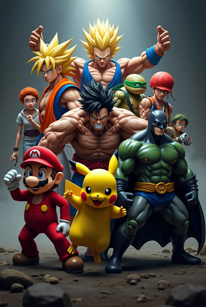 Super Mario, ein Super Sajajin, Raffael from the Ninja Turtles, monkey D.Ruffy, pikachu, the hulk, He-Man and Batman in a group photo with a dark background, striking attack poses.