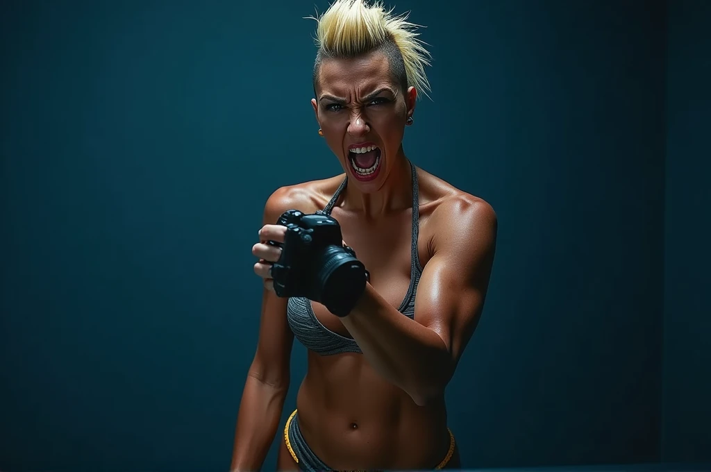 objective, she is an Ass Woman, detailed muscular body, dynamic action pose, raging expression, detailed facial features, personality, Womancore, Tapered Waist with Very Large Hips and Small Breasts, DSLR, Mohawk hairstyle with beautiful highlights, navy blue room, no nudity