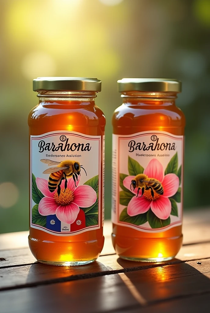 Generate several Honey labels, that puts Barahona, and also Beekeepers Association in Spanish, that carries a bee and a pink bayahibe flower, with the Dominican flag in small.  and that the images be realistic, that you show it on a plane.