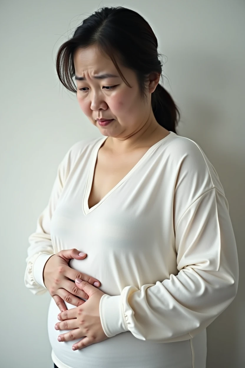 Upper body portrait of a middle-aged Japanese woman。Age around 50s。Body type is slightly overweight(BMI around 25-30)in、Abdomen has a gentle bulge。Female facing right、Slightly looking down。Expression shows anxiety and worry、Seems to be concerned about her own body shape。There are slight wrinkles between the eyebrows、Lips are slightly closed。
衣服は首元まin覆われた、Wearing a tight-fitting white long-sleeved undershirt。The chest is not exposed、控えめin上品な印象。The undergarment follows the curves of the body、きつすぎず自然な形in体型を包み込んinいる。The bulge of the stomach is subtly felt、Not overly emphasized。Holding both hands on the stomach over the clothes。The gesture reveals self-consciousness and concern。Underwear is sufficiently long、The skin of the abdomen is not directly visible。
Composition is centered on the abdomen、Framed so that the entire upper body is visible。背景はシンプルin、The subject's inner conflict is emphasized。Overall Impression:、Concerns and anxieties about her own physique are subtly、But certainly expressed。