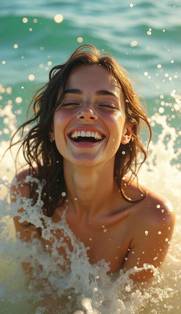 Vintage photo of a whimsical and cute happy woman splashing in the ocean, 1970’s, shimmering sunshine, bright sunlight,  the face is a mix of Billie Eilish and Zoe Kravitz, water splashing, perfect teeth, faded, scratches, aged, texture, smiling, happy, by McKay, dynamic action, movement, hyper detailed face and eyes, magical, stunning image, joyous, upbeat, fun, statement making, fantastical, highly detailed, perfect composition, 8K, award winning, professional concept art, beautiful lighting, dappled sunlight, ambient lighting, sunbeams