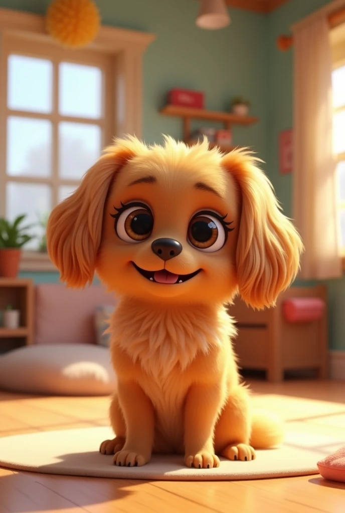 A 3D animated Pekingese dog with curly fur and a long snout named Lucas looking to be adopted