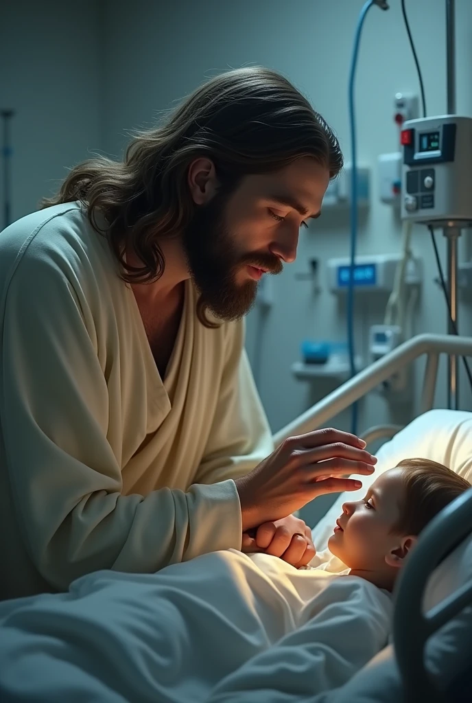 Jesus blessing a child sleeping in a humble home