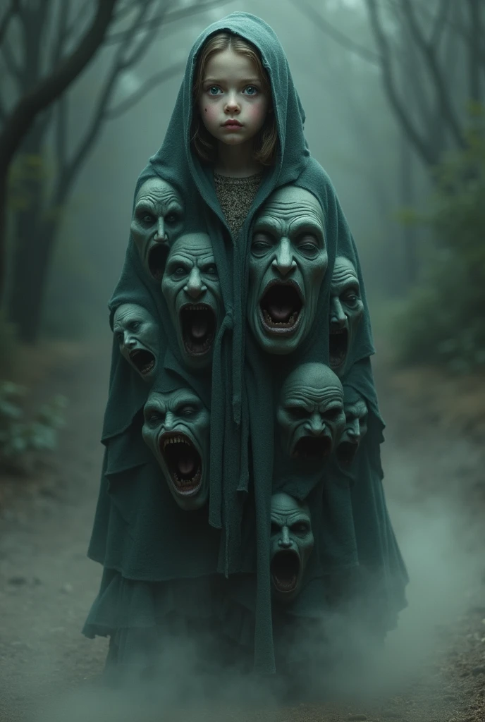 a girl, innocent peasant, with a macabre coat made of people's faces screaming, with spirits and a thin layer of smoke at their feet.