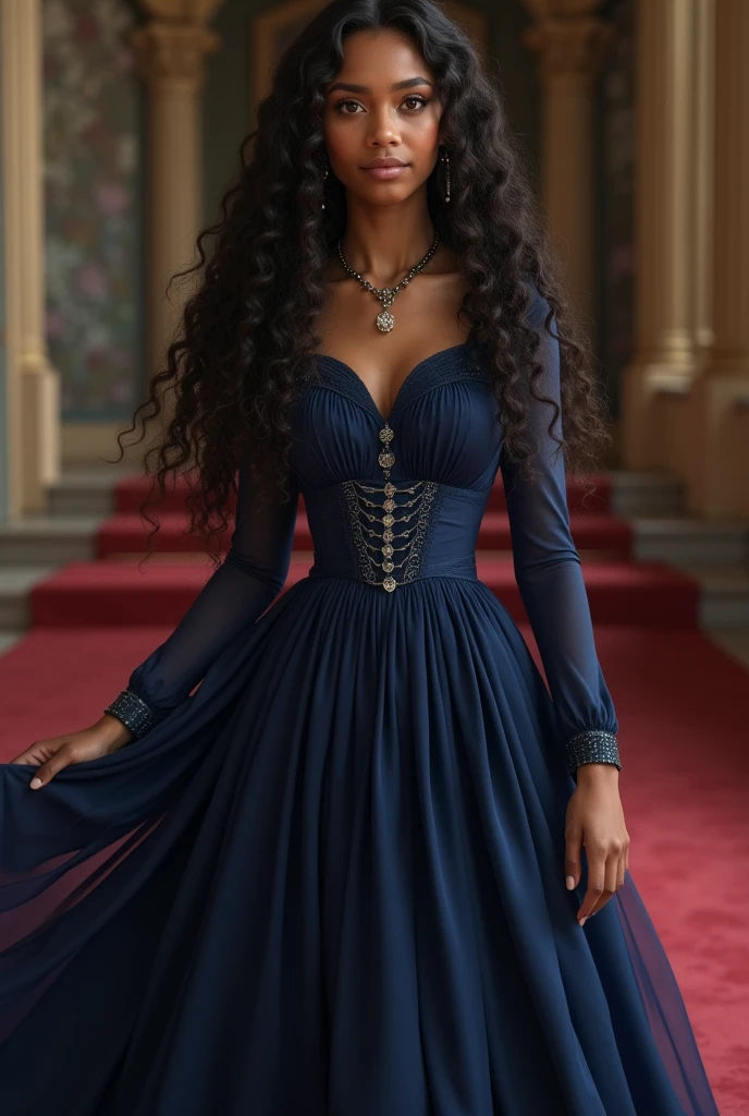 A girl with brown skin tone and curly long
hair.Wearing full sleeve navy blue gown,
Adult, Princess, descent and serious pose.
