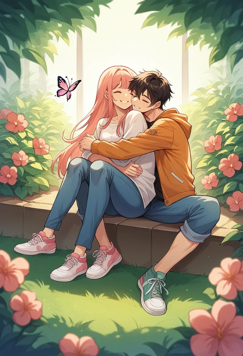 Full Body) A couple of Asian men with long hair cut into a ponytail wearing a jacket and an Asian woman with long hair with bangs, wearing short jeans, pashmina, sneakers) they are sitting, hugging, smiling, their faces are focused on the camera. in a garden with fountains and flowers, butterflies flutter in the wind, capturing the romance with soft and romantic light reflections that look natural. Full HD 35k resolution., photo