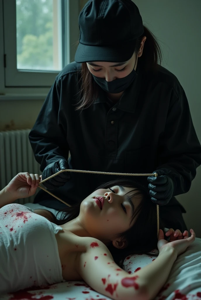 korean girl, (behind corpse, holding rope), strangling, choking, black surgical mask, black gloves, room full of blood, black raincoat, trucker hat, holding rope, black gloves, woman on top, behind corpse, blood splatter, on the bed, looking at viewer, mass murderer, killer, low ponytail, blood splatter, dark atmosphere, cinematic lighting, atmospheric realistic, light from the window, close-up,
