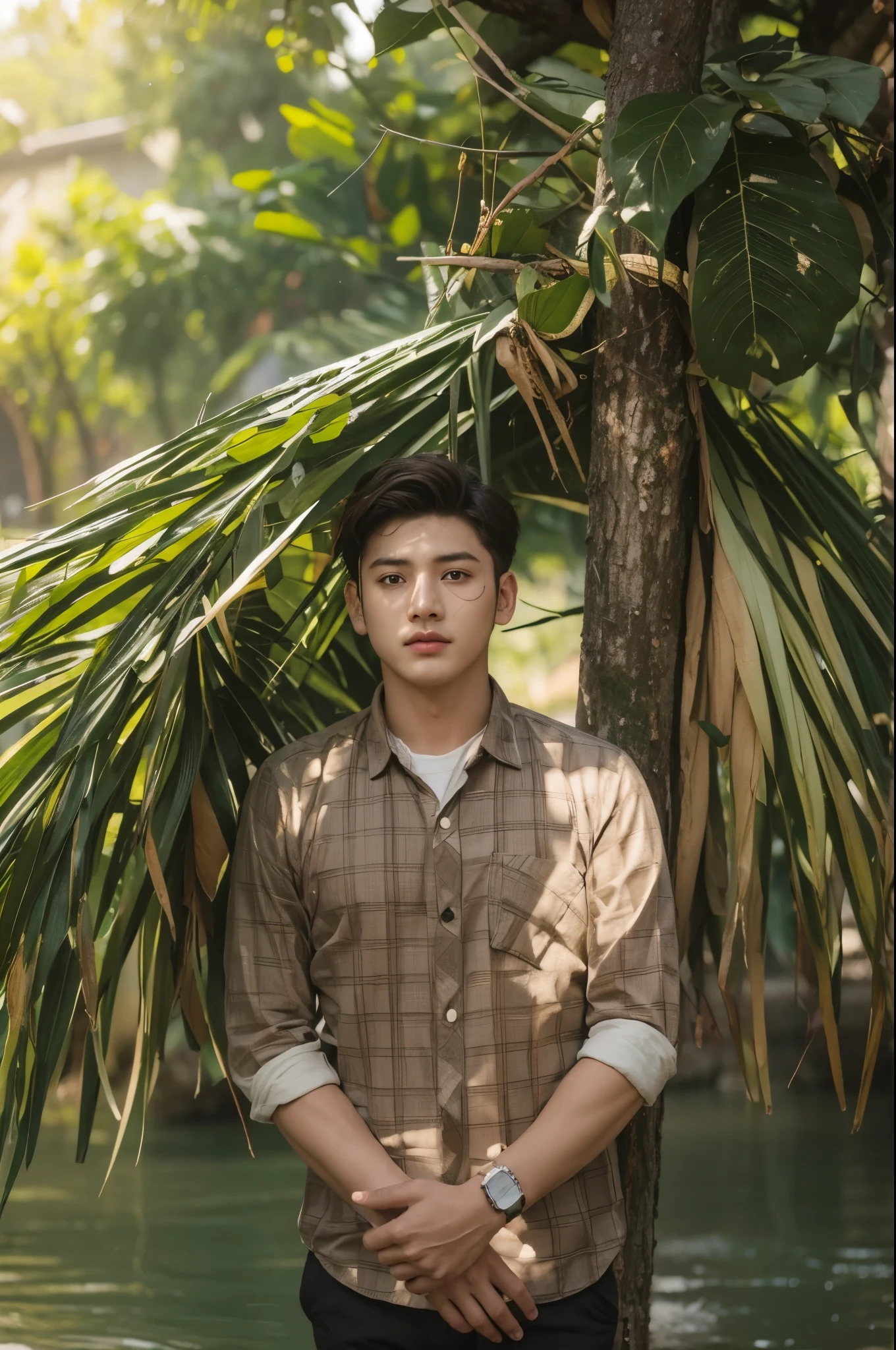 Change background is river site handsome boy cute boy realistic face hd clarity 4k ultra sky light day click photo