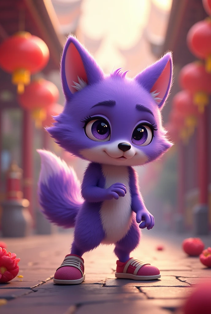 a purple wolf,cute,standing,sideways,Wearing shoes,walk小心翼翼,The expression is nervous,Move carefully,background chinese style,walk,Two feet