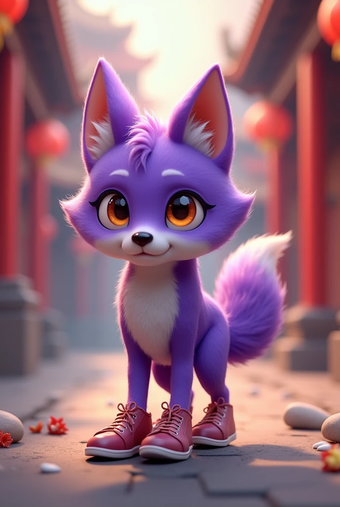 a purple wolf,cute,standing,sideways,Wearing shoes,walk小心翼翼,The expression is nervous,Move carefully,background chinese style,walk,Two feet