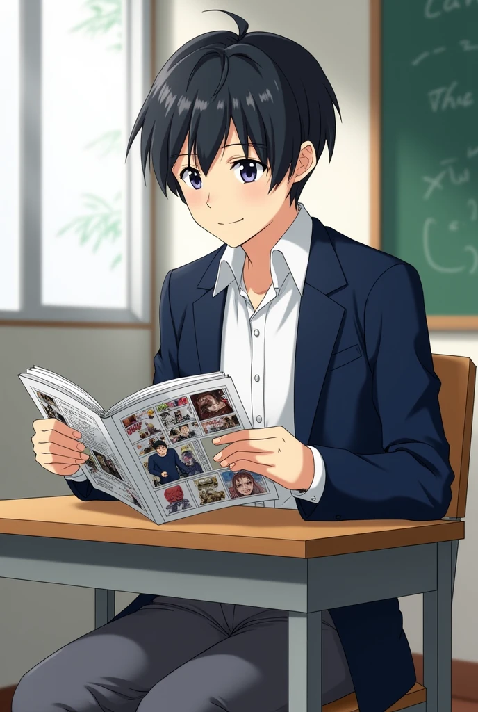 Sasaki Shuumei from the anime Sasaki and Miyano wearing the Japanese school uniform while reading a manga.

