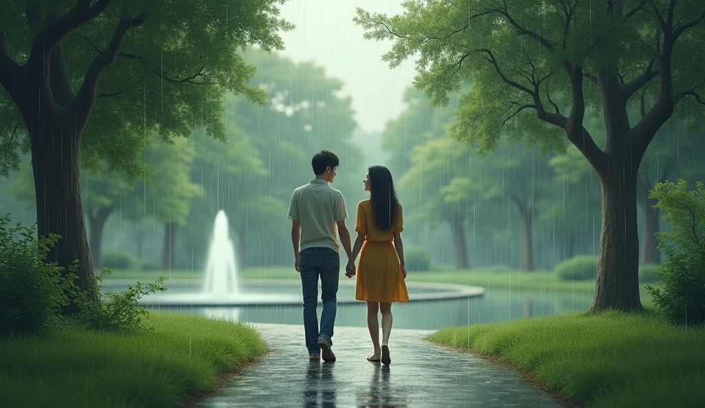 Lovers walking in the park road , rain,