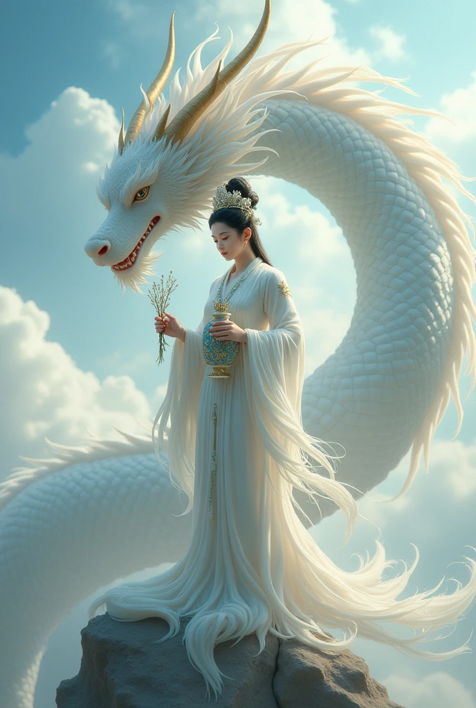 A statue of Guanyin standing on a white dragon and holding a vase of divine water with willow branches. (A vase is not a jar.) I request a large dragon descending from the sky. Please make Guanyin appear human-like, not a statue.  Have her hold a willow branch in one hand, and let the dragon's head be visible.