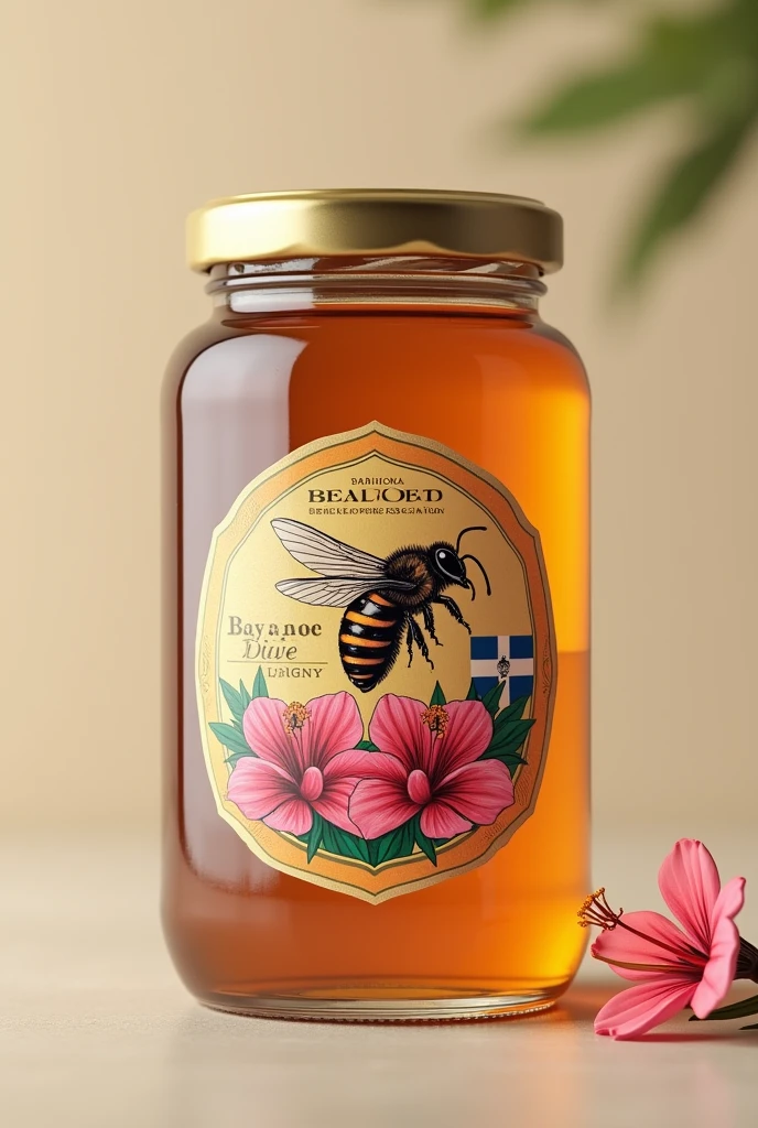 Generate several Honey labels, that puts Barahona, Beekeepers Association, that carries a bee and a pink bayahibe flower, with the Dominican flag in small.  and that the images be realistic, that you show it on a plane.