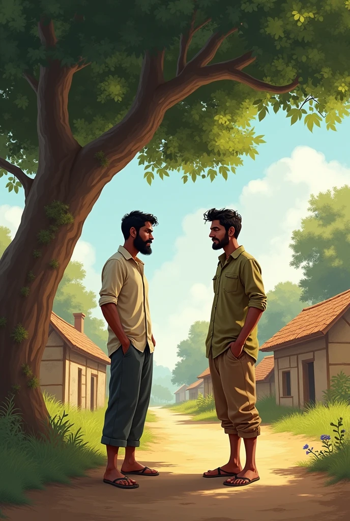 Village Setting with Two Friends Talking: A rural Indian village scene with small houses and a dirt path. Two men, one named Mohan (who looks tired and disheveled) and his childhood friend Ravi (who appears concerned), are having a conversation under a