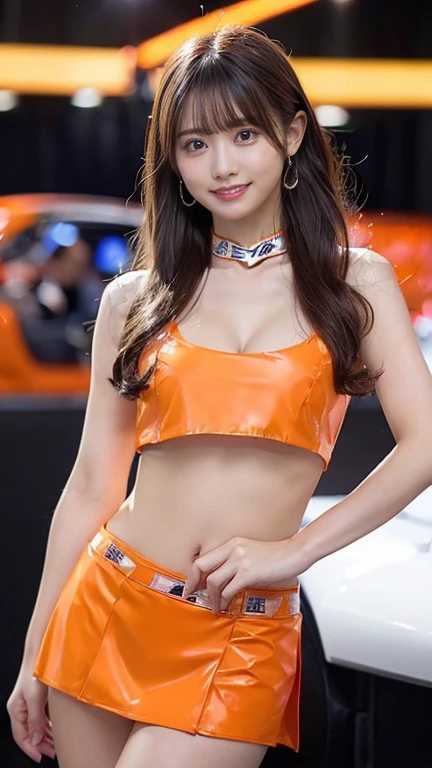 (masterpiece), ((orange color enamel super small Racing girl costume)), whole body, Highest quality, Highest quality, detailed, 非常にdetailedな_eye,Beautiful Hands, Beautiful feet,(eyeliner:0.5),(blush:0.5), Jet Black Hair、A light smile, ((Double teeth))、masterpiece, Highest quality, detailedな肌の質感, detailedな布の質感, 複雑なdetailed, 超detailed, Random Pause, Front view, From below, (Highest quality, High resolution, Realistic, original, 8k,masterpiece, ),Highest quality, masterpiece8k. Wallpapers HDR. High Rib:1.2, Film Grain, Blurred Bokeh:1.2, Lens flare, (Bright colors:1.2), (delicate),((Grid girl costume made of shiny enamel material))、((Costumes with sponsor logos:1.3))、((Exposed Skinが激しい:1.4))、((Very short, tight-fitting skirt))、((Standing in front of a supercar))、motor Show、Exhibition Hall、((Costumes with sponsor logos:1.3))、((A very short, form-fitting costume))、((huge breast:1.2))、Orange car、((Cleavage))、((Buttocks sticking out of very short hot pants:1.4))、((Super small tight skirt:1.4))、(((Back view)))、((A car the same color as your clothes))、((Twin tails))、((Staring at me))、((Exposed Skin:1.3))、(((Close your mouth)))