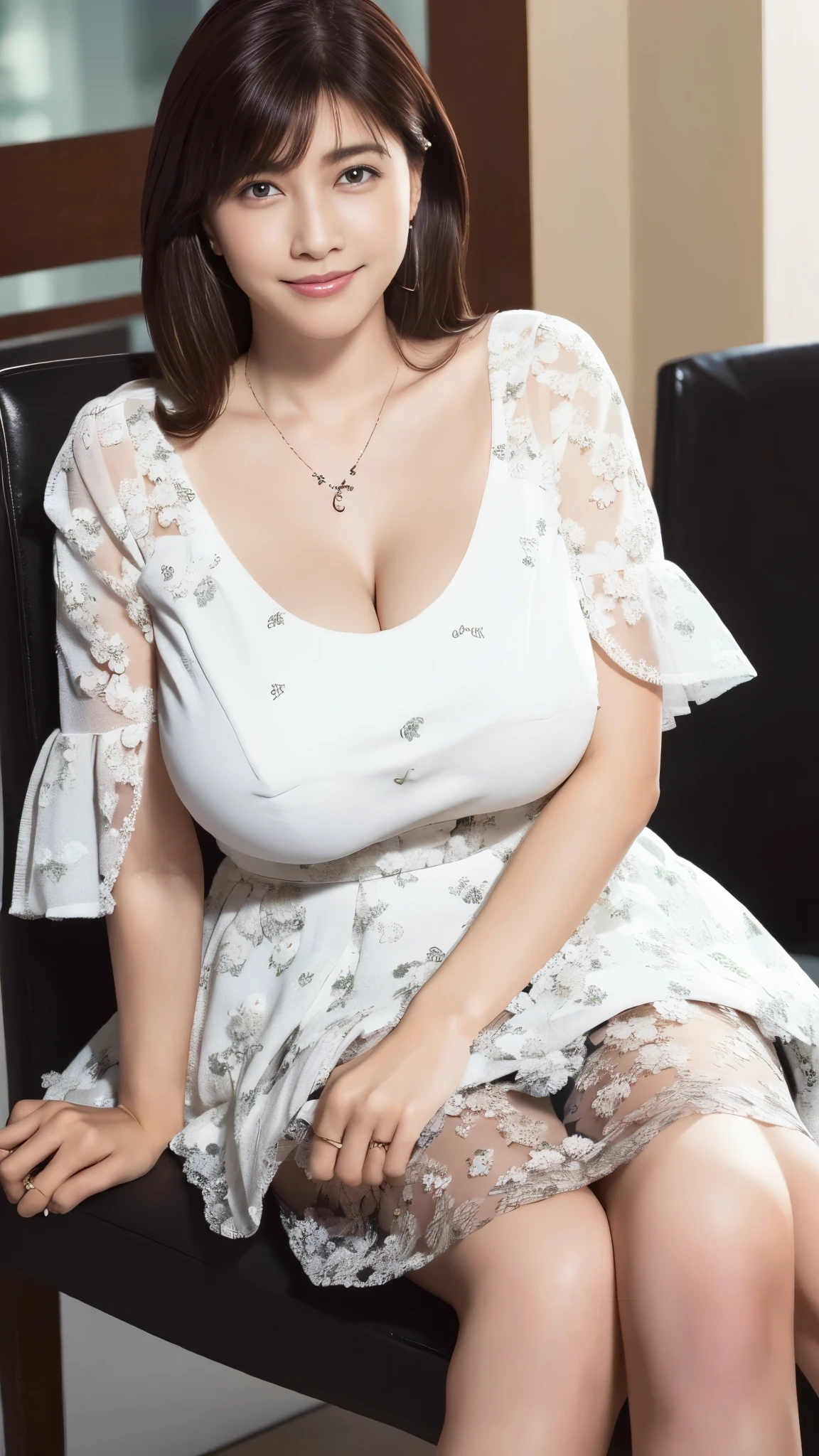A woman sitting on a chair with a white dress on - SeaArt AI