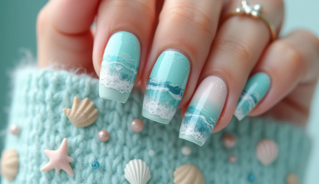 **Oceanic Nail Art with a Beach Model:** The nails feature a serene ocean scene with delicate waves, seashells, and subtle gradients of blue and turquoise. The background model, dressed in a light, beachy outfit with flowing fabrics and sun-kissed skin, stands on the left, providing the inspiration for the tranquil ocean theme. The calming tones of the nails reflect the beach vibe of the model’s outfit.