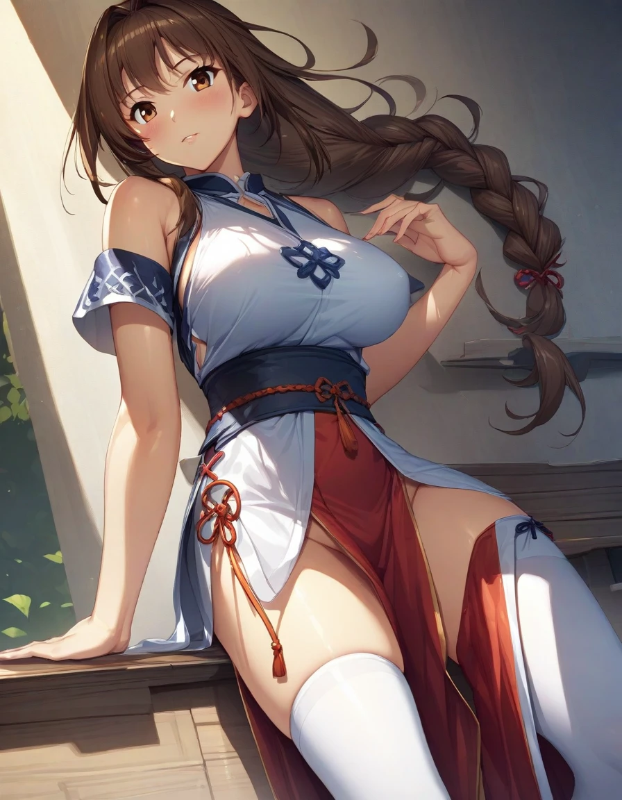 (masterpiece),(Highest quality),(Very detailed),(Best illustrations),(Best Shadow),(Absurd),(Detailed Background),(so beautiful), One girl, alone, Kasumi(QG), pelvic curtain, brown eyes, brown hair, thighhighs, long hair, braid, large breasts, white thighhighs,