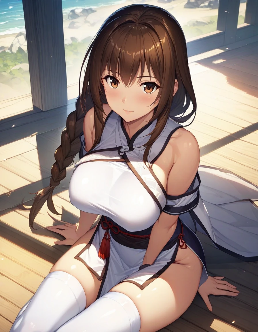 (masterpiece),(Highest quality),(Very detailed),(Best illustrations),(Best Shadow),(Absurd),(Detailed Background),(so beautiful), One girl, alone, Kasumi(QG), pelvic curtain, brown eyes, brown hair, thighhighs, long hair, braid, large breasts, white thighhighs,