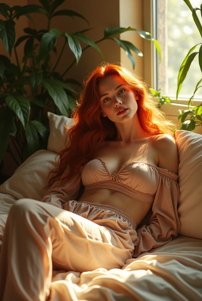 (photorealism:1.2), beautiful redhead woman, sitting on the bed, wear a loose off-the-shoulder top, pajama pants, long hair, in room, soft lighting, Plants in the background, window with sunlight, cozy room, relaxed posture, realistic, complex parts, warm colors, Greg Rutkowski, Альфонс Муха very big breasts