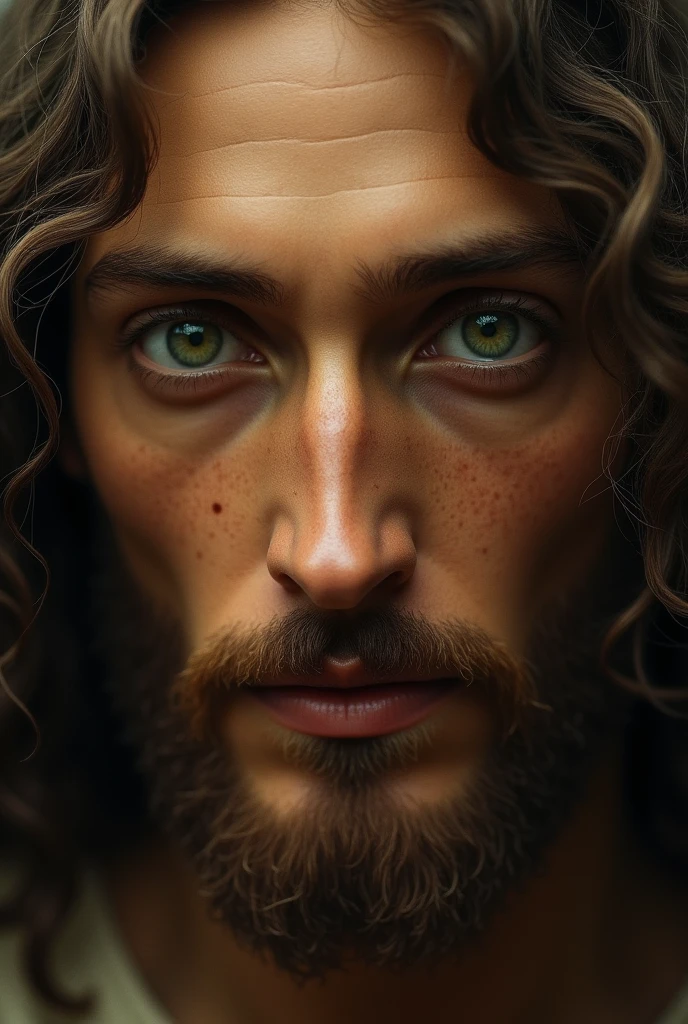 Jesus looking at you intently, green eyes 