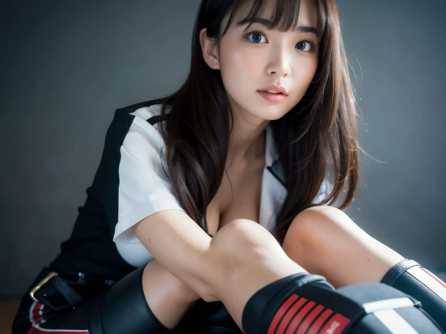 You are a professional photographer。masterpiece、8K、Highest quality, Soft Light, Ultra-high resolution, (Realistic:1.4), RAW Photos,24 years old Japanese, alone, cute, bangs、(pupil, Light in your eyes), Beautiful face in every detail, (Small box),(High resolution detail of human skin texture),Cleavage
、Biker、Bike-loving girl、Wear a rider's jacket、Accurate background、wear a tight miniskirt、Claim your legs、Knee-high boots
、(Portraiture)