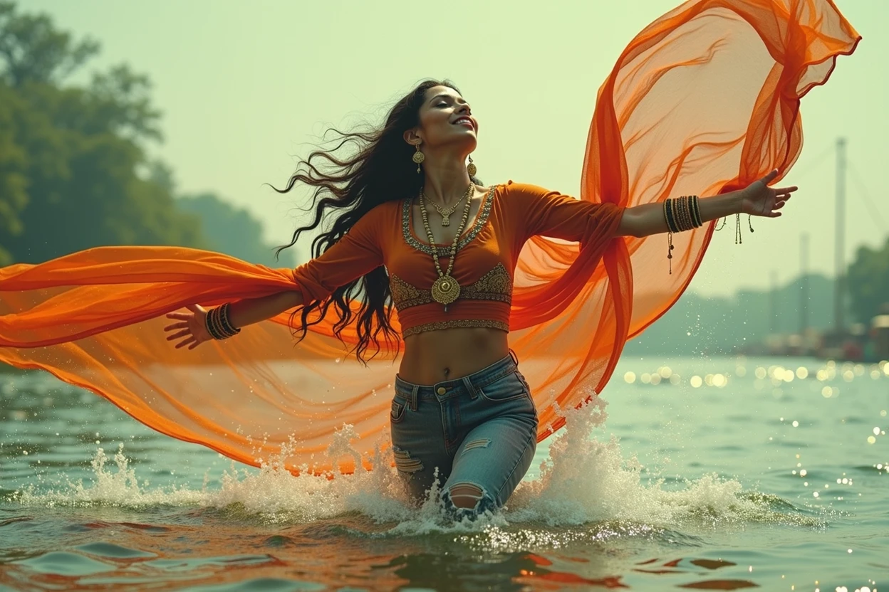 70s setting, grainy analog film, ultra-detailed, abstract art, glamour artwork, conceptual art, beautiful provocative style indian woman in jeans, playing in wide river with ecstasy, traditional accessories, abstract, orange white green, void, vivid, detailed sari