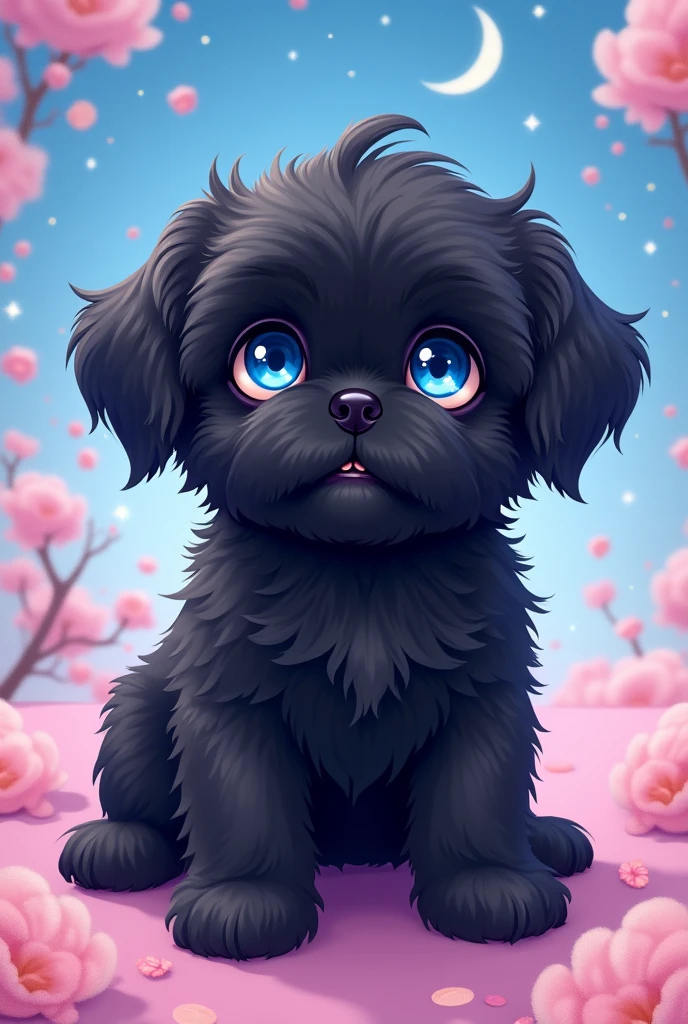 Black shih tzu puppy with big blue eyes in sailor moon style